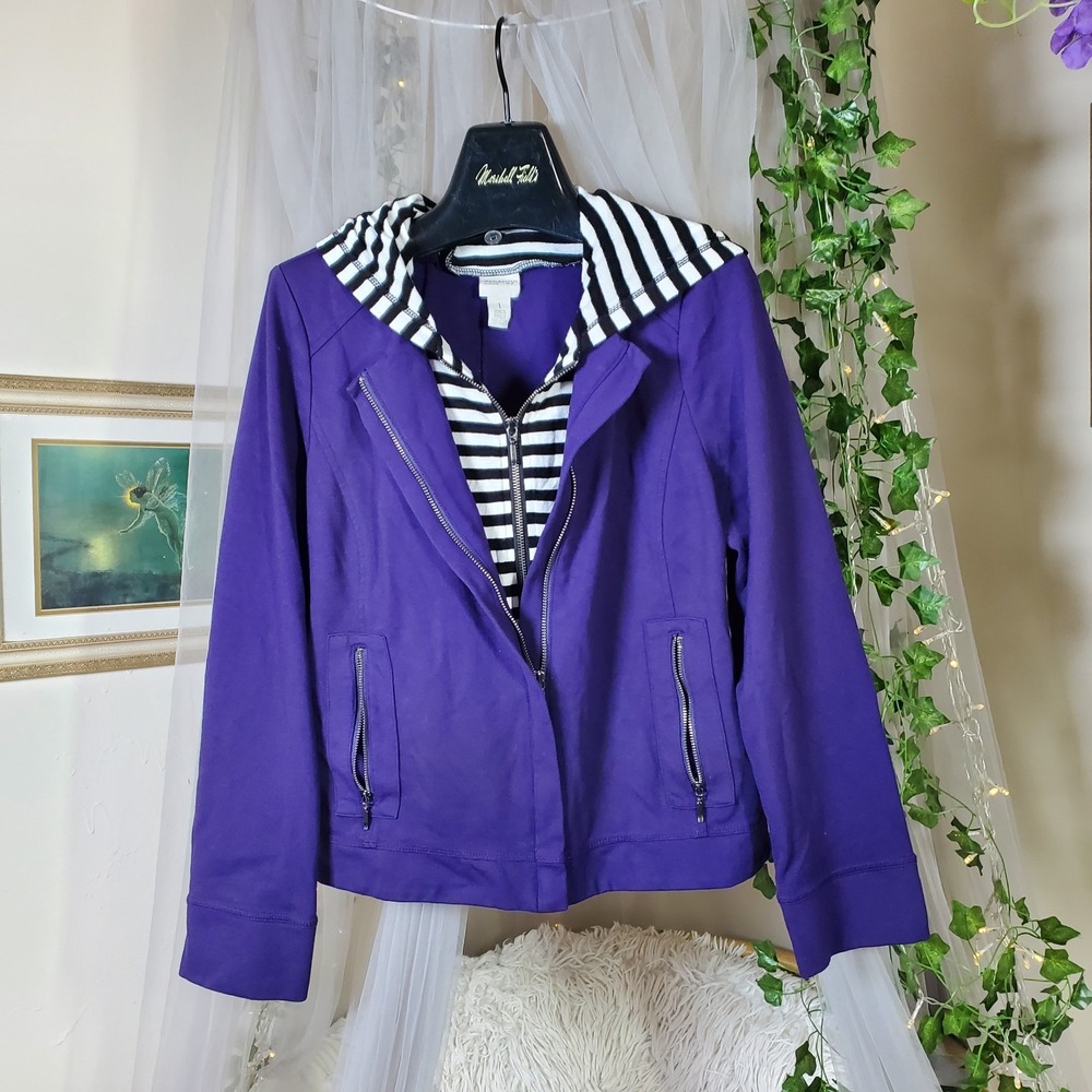 Chicos Zenergy Jacket Size M/ 1 Purple Striped Removable Insert 90s Nautical
